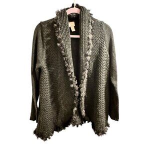 👗 2/$30 Chicos Black Metallic Knit Cardigan With Fringe Trim Size S Open Front